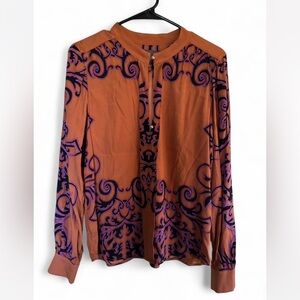 Hale Bob Orange Silk Blouse with Purple Swirl Design